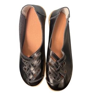 Woven Black Leather Cutout Comfort Loafers Pebble Gum Sole Flats Size 38 Neutral